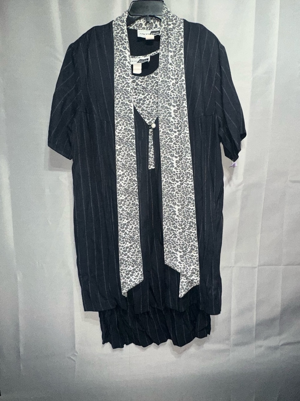 Black Vintage Pinstripe Midi Dress with Leopard-Print Scarf Accent
